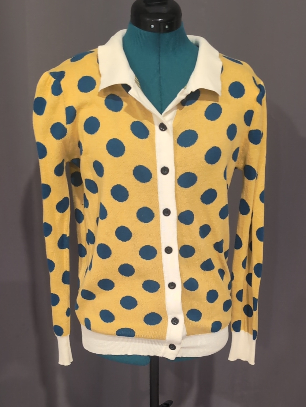 Yellow Polka Dot Cardigan with Cream Trim